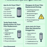 Infografis penggantian filter air dryer—alasan penting, frekuensi (setiap 6–12 bulan), dan tanda seperti pressure drop meningkat.