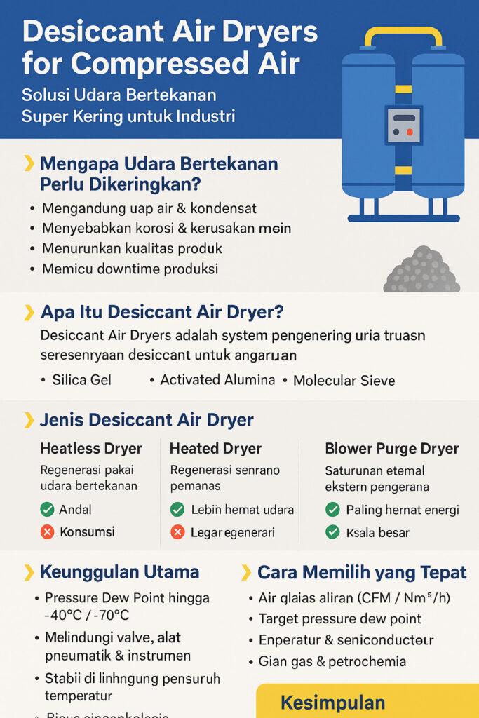 Infographic on desiccant air dryers for compressed air, explaining why drying is needed, desiccant media (silica gel, activated alumina, molecular sieve), dryer types (heatless, heated, blower purge), key benefits, and selection tips.