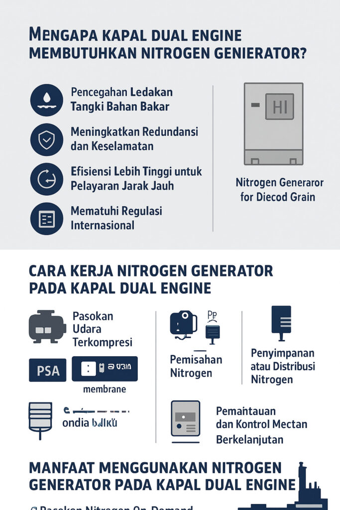 Infografik mengapa kapal dual engine membutuhkan nitrogen generator: pencegahan ledakan tangki bahan bakar, meningkatkan redundansi & keselamatan, efisiensi pelayaran jarak jauh, dan patuh regulasi internasional; serta cara kerja (udara terkompresi, pemisahan PSA/membrane, penyimpanan/distribusi, pemantauan).