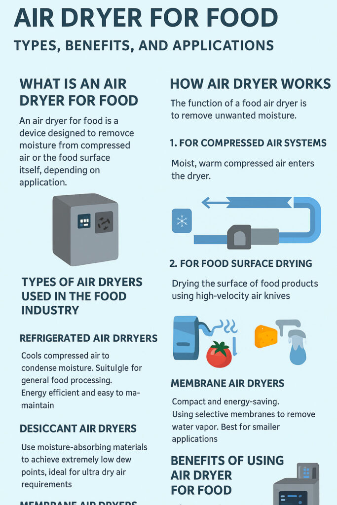 อินโฟกราฟิกเครื่องทำลมแห้งสำหรับอุตสาหกรรมอาหาร: ประเภท ประโยชน์ และการใช้งาน พร้อมการทำงานทั้งในระบบลมอัดและการเป่าทำให้ผิวอาหารแห้ง (มีดลม).