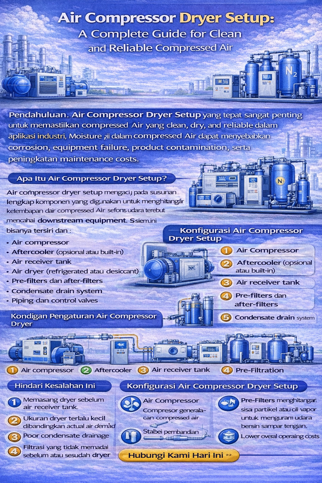 Infografik “Air Compressor Dryer Setup” menampilkan tata letak sistem udara bertekanan (kompresor, aftercooler, tangki receiver, pre-filter, air dryer, tangki gas), faktor setup, kesalahan umum, manfaat, dan ajakan “Contact Us Today”.