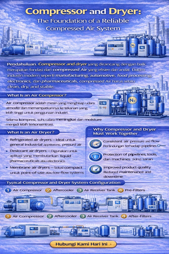 Infografik “Compressor and Dryer” menjelaskan sistem udara bertekanan yang andal, definisi kompresor dan air dryer, konfigurasi tipikal dengan filter, tangki, dryer dan drain kondensat, serta manfaat dan panduan memilih sistem yang tepat.