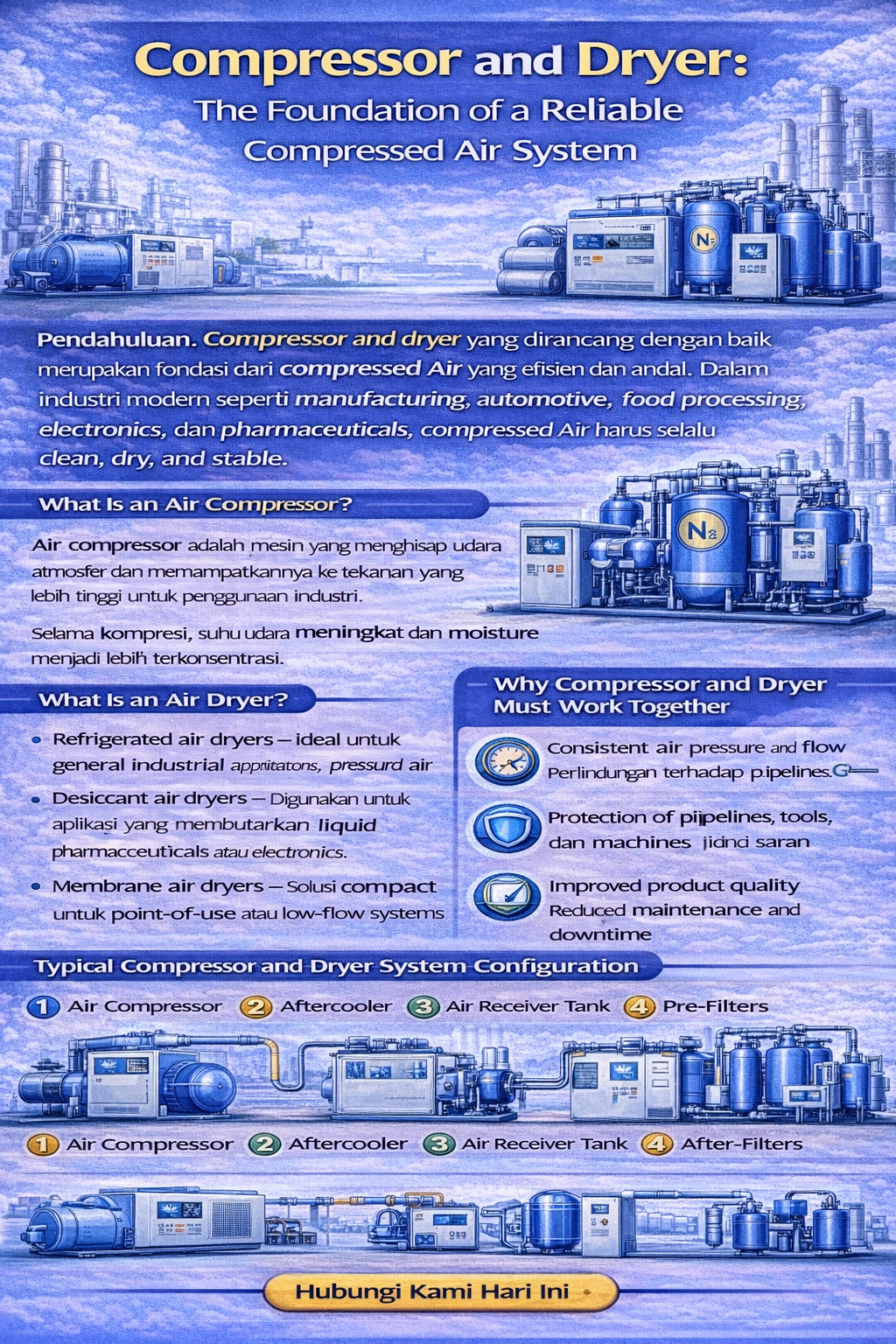 Infografik “Compressor and Dryer” menjelaskan sistem udara bertekanan yang andal, definisi kompresor dan air dryer, konfigurasi tipikal dengan filter, tangki, dryer dan drain kondensat, serta manfaat dan panduan memilih sistem yang tepat.