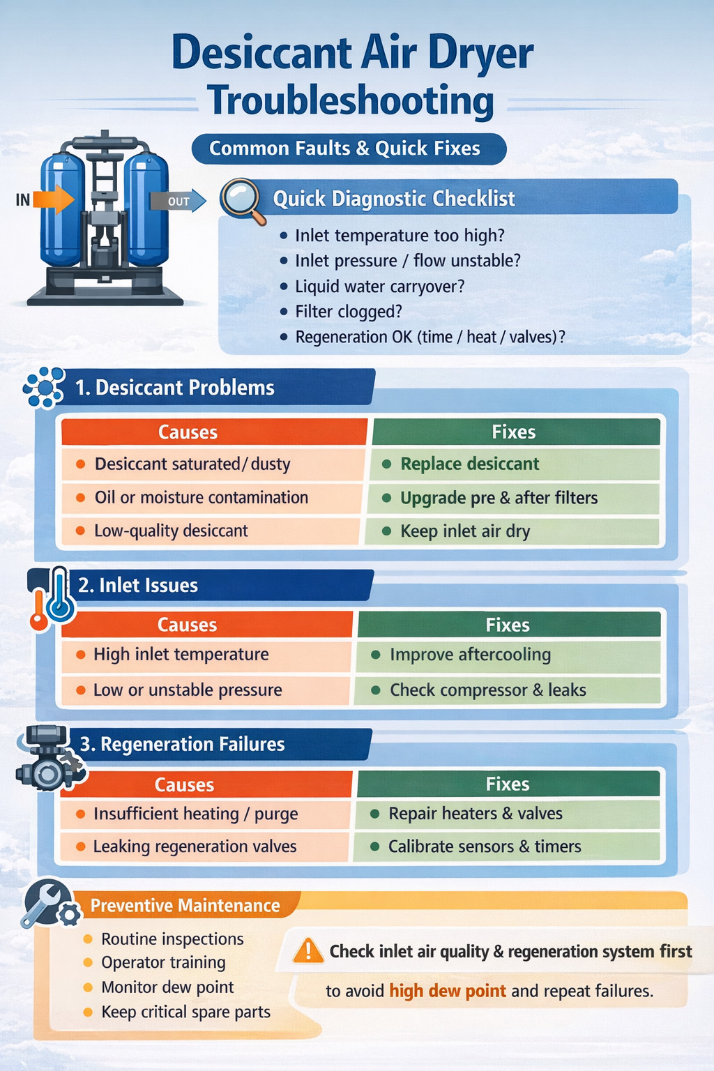 Infografik troubleshooting desiccant air dryer: checklist cepat, penyebab & solusi (desiccant, suhu/tekanan inlet, kegagalan regenerasi) serta tips preventive maintenance.