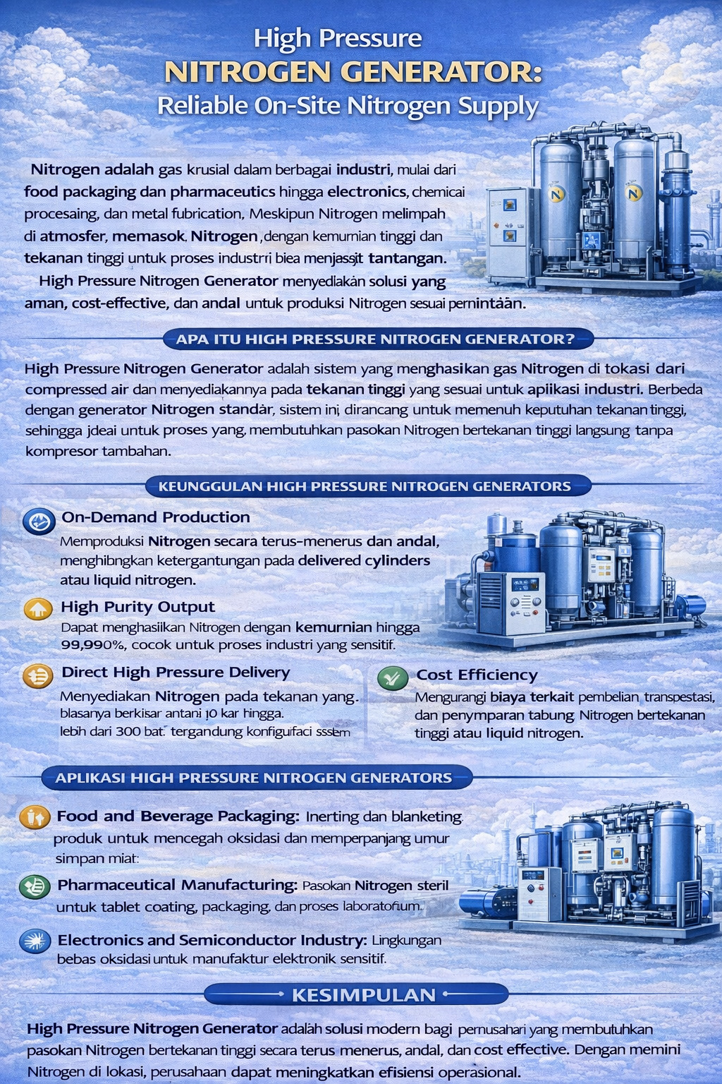 Infografik nitrogen generator tekanan tinggi untuk suplai N₂ on-site yang andal, menjelaskan konsep, proses PSA/membran, keunggulan (kemurnian, pengiriman tekanan tinggi langsung, hemat biaya, aman, berkelanjutan), serta faktor pemilihan.