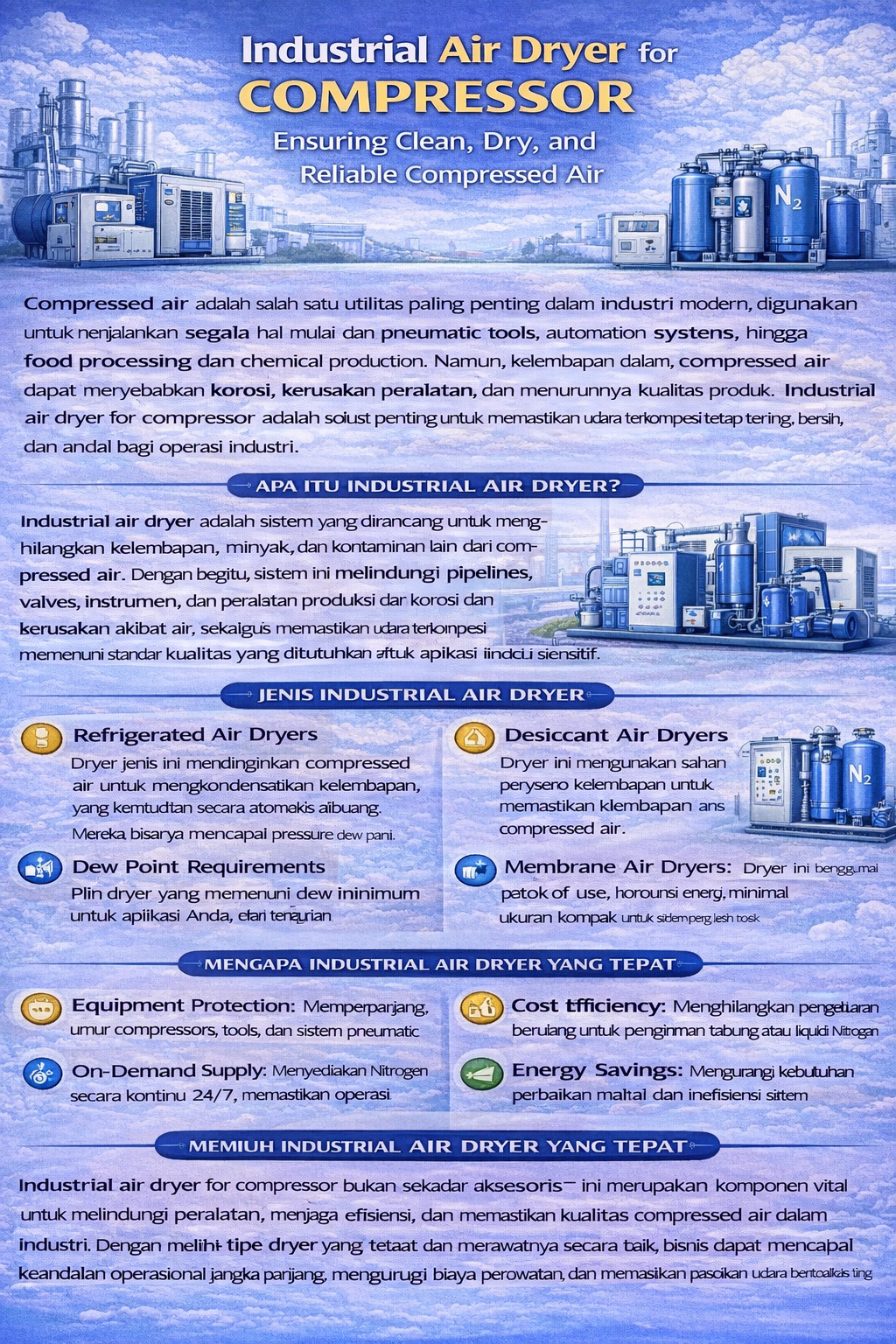 Infografik “Industrial Air Dryer for Compressor” membandingkan air dryer refrigerated, desiccant, dan membrane, menampilkan manfaat utama (perlindungan peralatan, efisiensi operasional, hemat energi, udara bersih kering) serta aplikasi di manufaktur, makanan & minuman, farmasi, dan elektronik.