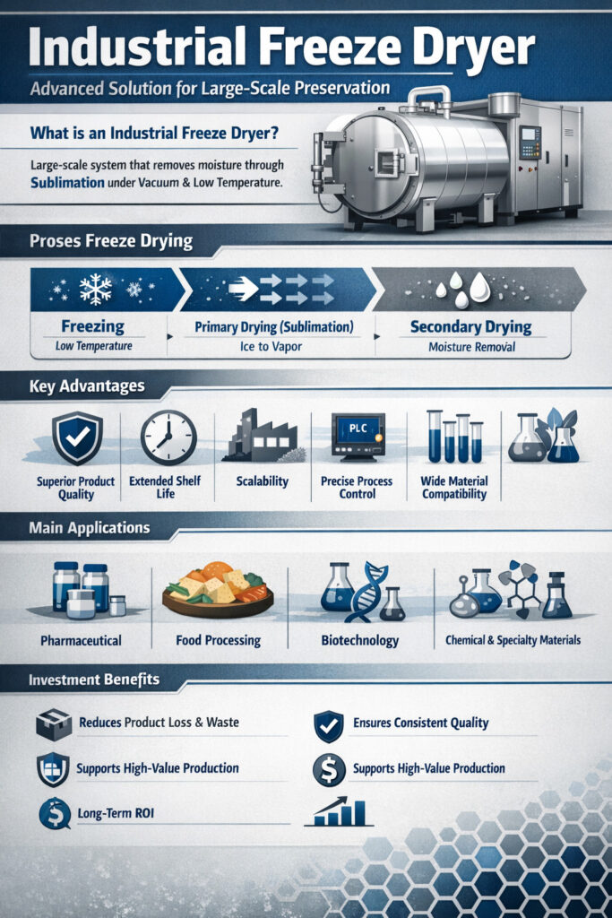 Infografik industrial freeze dryer (lyophilizer) menampilkan sistem chamber, keunggulan utama, tahapan freeze-drying (freezing, primary drying/sublimasi, secondary drying), serta aplikasi di farmasi, pengolahan makanan, bioteknologi, dan industri kimia.