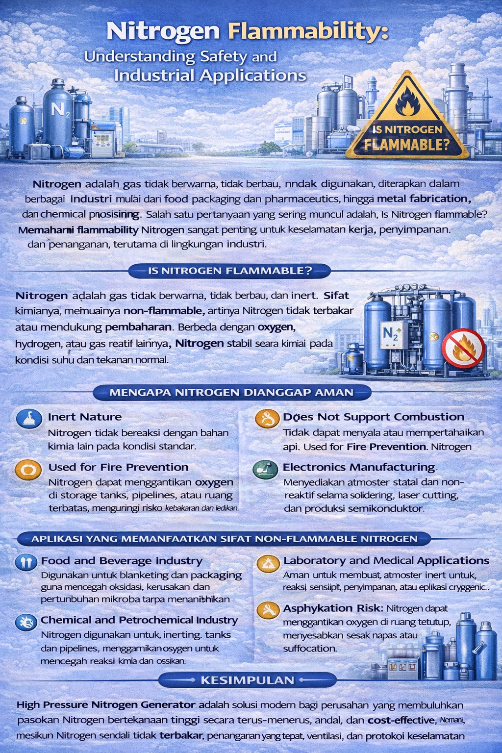 Infografik tentang sifat mudah terbakar nitrogen dan keselamatan, menyebut nitrogen (N₂) inert dan tidak mudah terbakar, penggunaan di pangan, elektronik, kimia/petrokimia, fabrikasi logam, lab/medis, serta risiko asfiksia, bahaya tekanan tinggi, dan luka dingin.