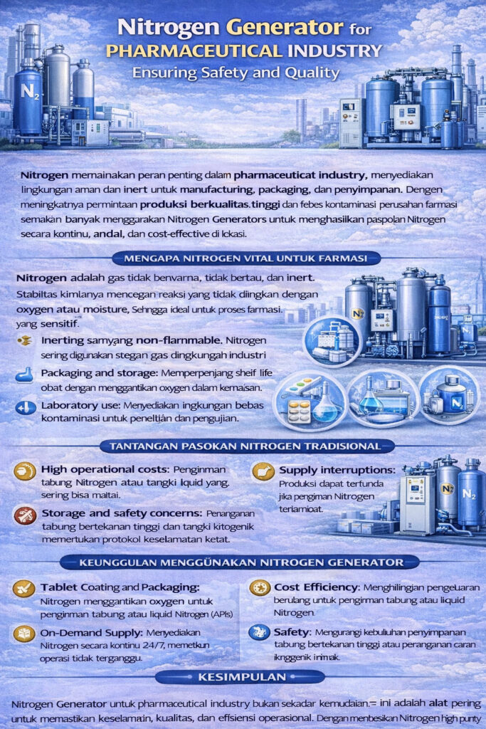 Infografik nitrogen generator untuk industri farmasi, menekankan N₂ sebagai gas inert untuk keamanan dan kualitas, manfaat produksi on-site, serta aplikasi seperti inerting lini produksi, pengemasan/penyimpanan, laboratorium, pelapisan tablet, formulasi cair, dan penyimpanan biologis/vaksin.