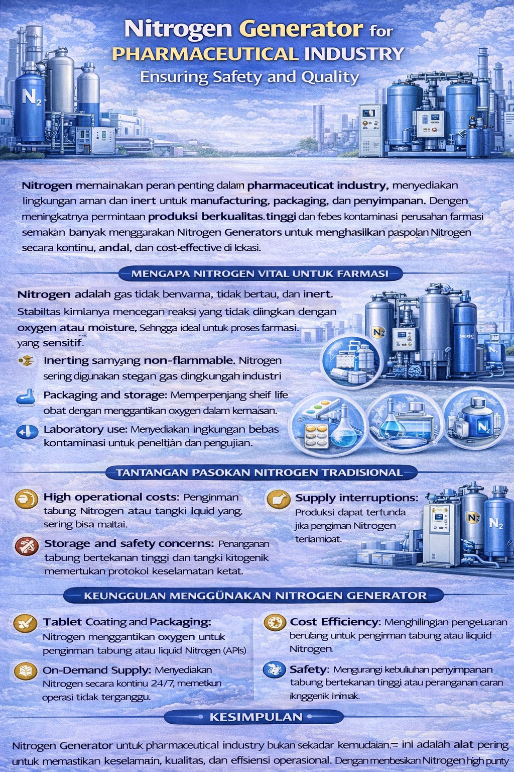 Infografik nitrogen generator untuk industri farmasi, menekankan N₂ sebagai gas inert untuk keamanan dan kualitas, manfaat produksi on-site, serta aplikasi seperti inerting lini produksi, pengemasan/penyimpanan, laboratorium, pelapisan tablet, formulasi cair, dan penyimpanan biologis/vaksin.