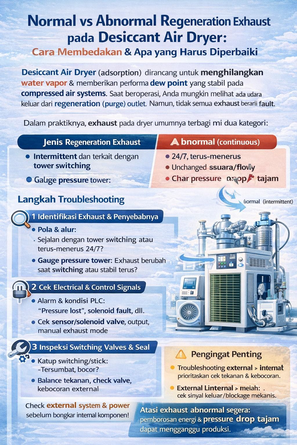 Infografik yang membandingkan exhaust regenerasi normal vs abnormal pada desiccant air dryer, termasuk tanda venting terus-menerus dan checklist langkah demi langkah untuk cek kontrol, valve, seal, dan tekanan sistem.