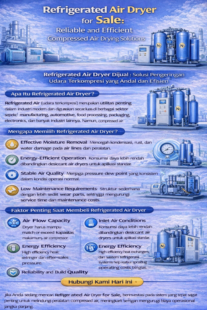 Infografik pemasaran “Refrigerated Air Dryer for Sale” menjelaskan cara kerja pengering udara berpendingin (pendinginan dan kondensasi), aplikasi, faktor pembelian (kapasitas aliran, kondisi inlet, efisiensi energi, keandalan), serta ajakan “Contact Us Today”.