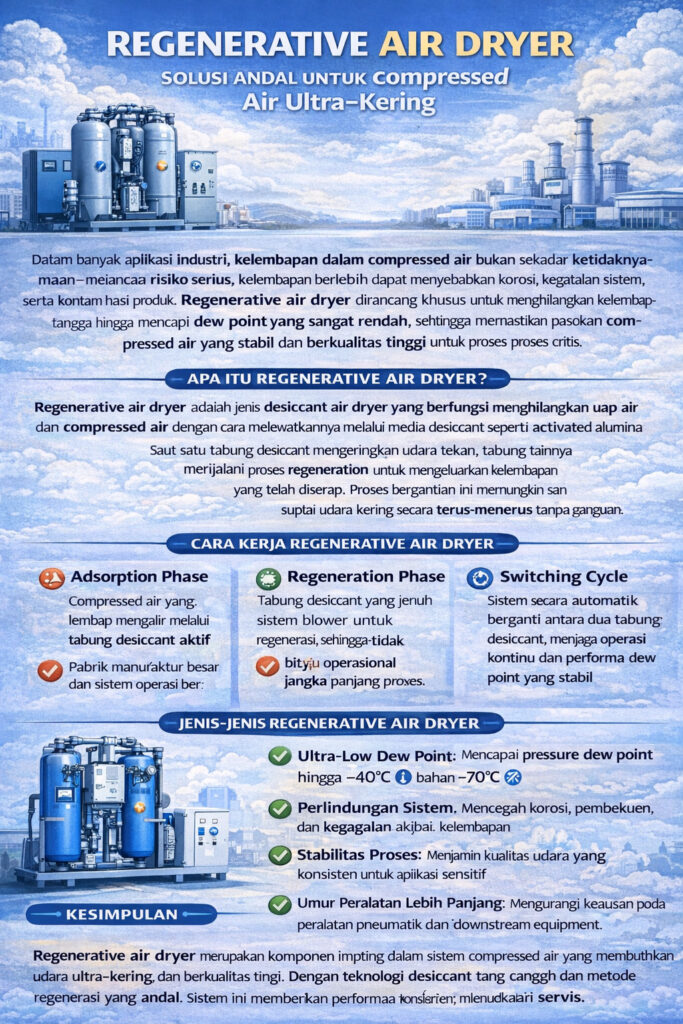 Infografik regenerative desiccant air dryer dengan dua tower, menghilangkan kelembapan hingga dew point –40°C sampai –70°C, serta tipe: heatless, heated, dan blower purge.