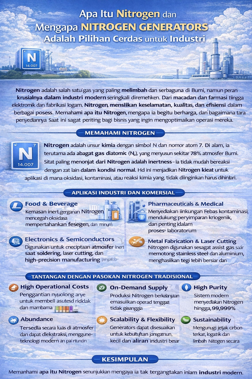 Infografik tentang nitrogen (N₂) dan alasan nitrogen generator on-site cocok untuk industri, menampilkan aplikasi, keunggulan, serta alur proses PSA/membran.