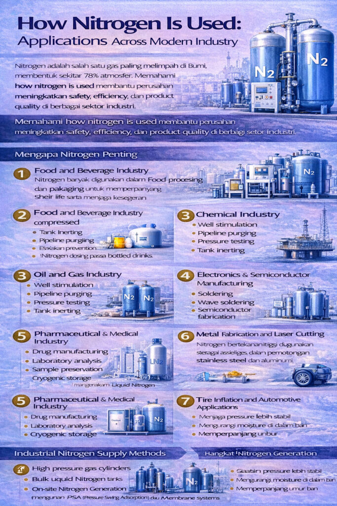 Infografis tentang bagaimana nitrogen digunakan di berbagai industri seperti makanan, kimia, minyak dan gas, elektronik, farmasi, fabrikasi logam, dan otomotif.