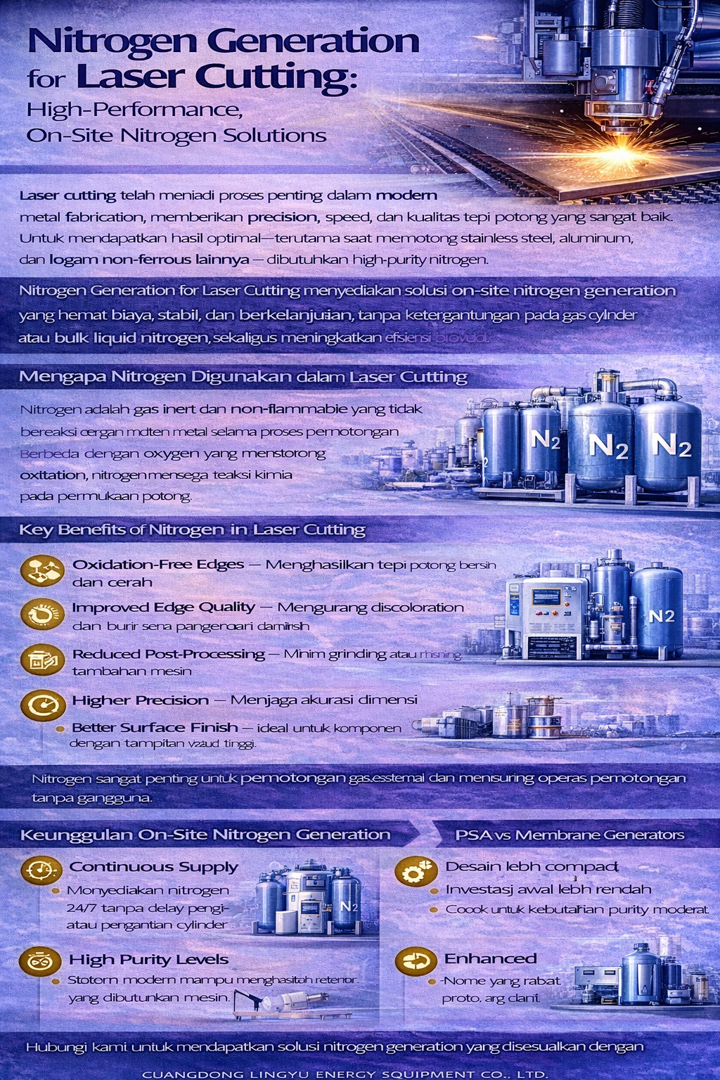 Infografis tentang sistem produksi nitrogen untuk laser cutting, menampilkan pemotongan bebas oksidasi, suplai nitrogen kemurnian tinggi, teknologi PSA, dan efisiensi biaya.