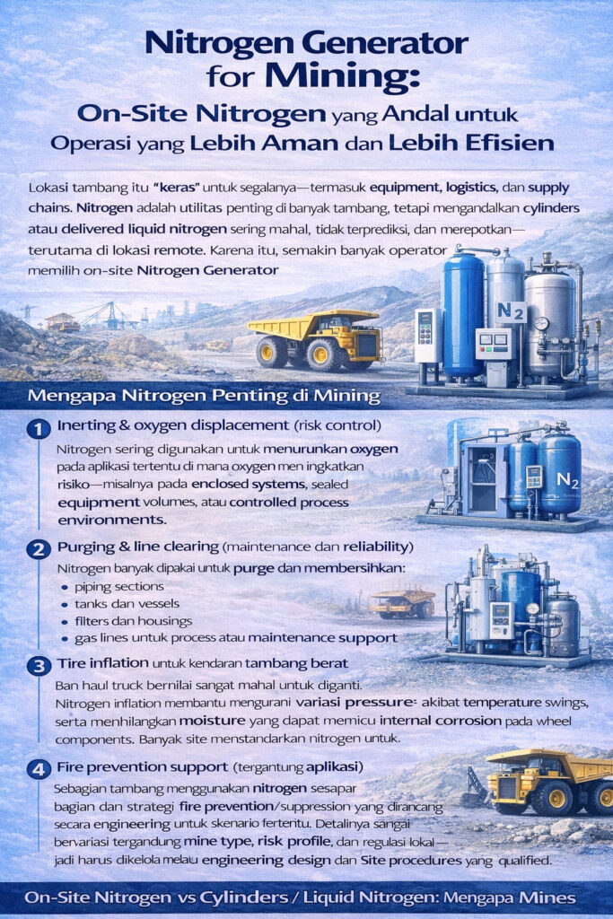 Infografik nitrogen generator untuk pertambangan: penggunaan utama (inerting, purging, keselamatan kebakaran, inflasi ban, dukungan instrumen), manfaat N₂ on-site (lebih aman, suplai stabil, biaya lebih rendah), serta checklist pemilihan kemurnian, flow, logistik, dan kualitas udara terkompresi masuk.