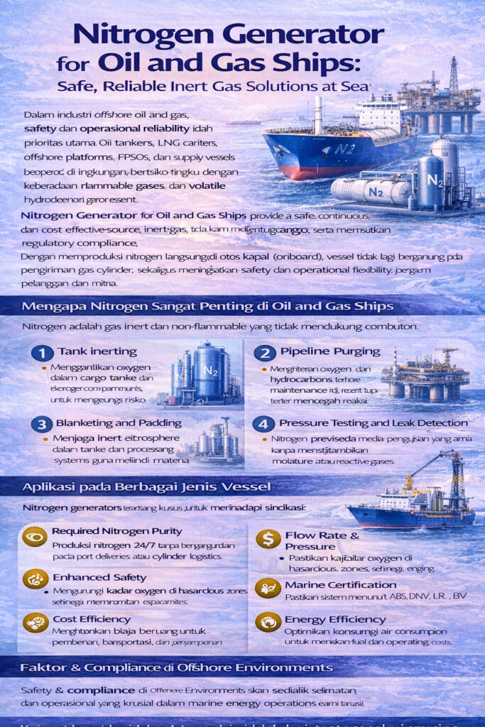 Infografis generator nitrogen untuk kapal minyak dan gas, menampilkan produksi nitrogen di atas kapal, inerting tangki, purging pipa, sertifikasi maritim, dan manfaat suplai gas inert yang aman.