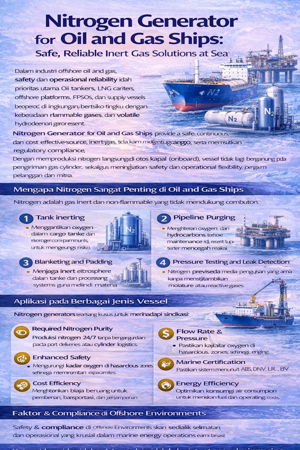 Infografis generator nitrogen untuk kapal minyak dan gas, menampilkan produksi nitrogen di atas kapal, inerting tangki, purging pipa, sertifikasi maritim, dan manfaat suplai gas inert yang aman.