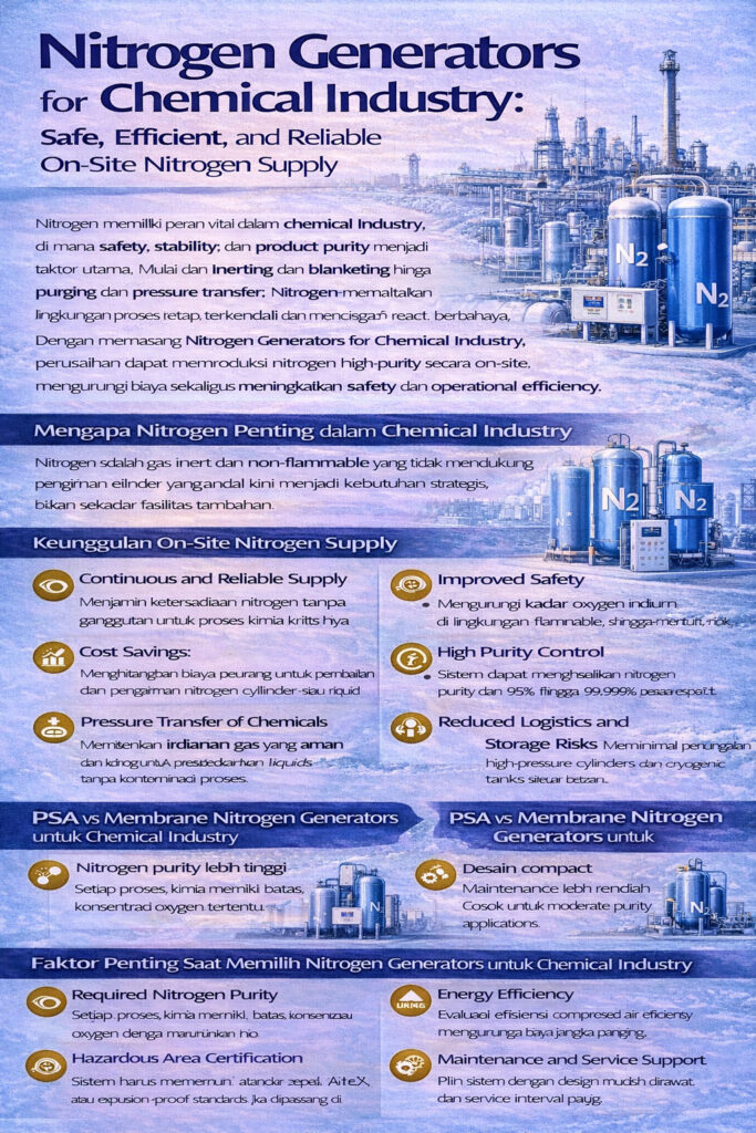 Infografis generator nitrogen untuk industri kimia, menampilkan aplikasi inerting tangki, blanketing, purging pipa, pencegahan ledakan, serta keuntungan produksi nitrogen di lokasi.