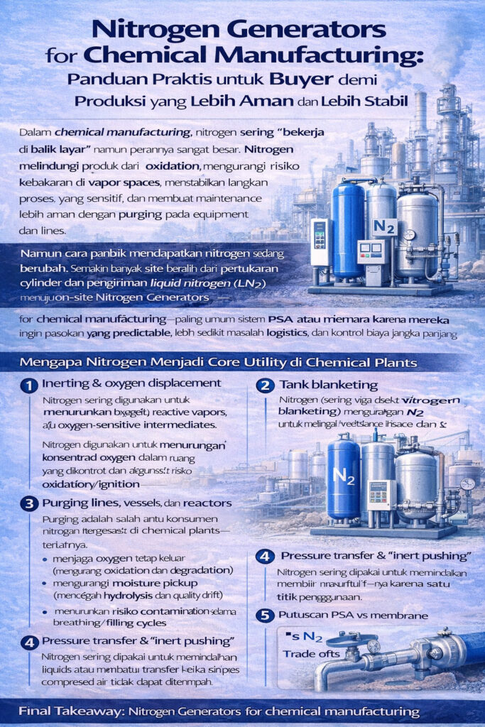 Infografik nitrogen generator untuk manufaktur kimia: penggunaan nitrogen di pabrik (inerting, tank blanketing, purging), perbandingan PSA vs membran, manfaat N₂ on-site, serta checklist pemilihan kemurnian, flow, kapasitas buffer, kualitas udara masuk, dan monitoring.