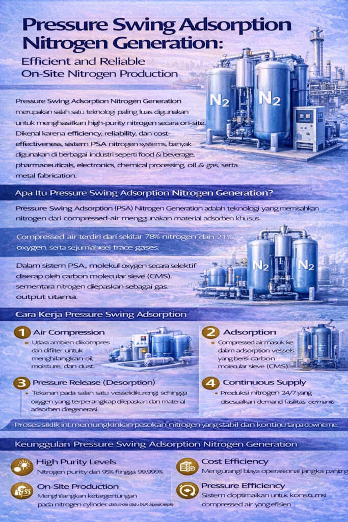 Infografis tentang teknologi pressure swing adsorption (PSA) untuk produksi nitrogen, menampilkan proses kerja, tingkat kemurnian tinggi, serta aplikasi industri.