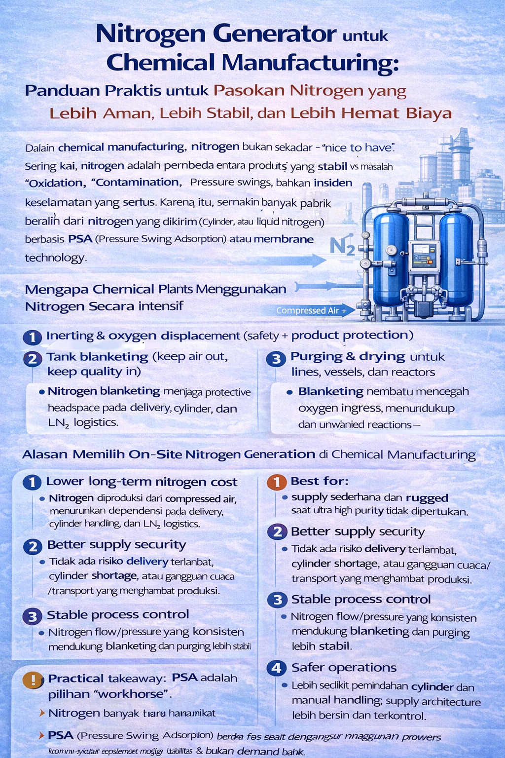 Infografik tentang nitrogen generator untuk manufaktur kimia: penggunaan utama (inerting, tank blanketing, purging, transfer), perbandingan PSA vs membran, manfaat (lebih aman, suplai stabil, biaya lebih rendah), serta checklist pemilihan kemurnian, flow, tekanan, kualitas udara terkompresi, dan buffer tank.
