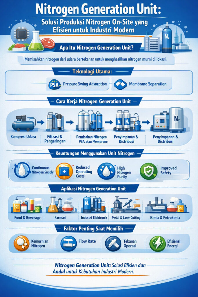 Infografik yang menjelaskan sistem nitrogen generation unit, cara kerja generator nitrogen PSA dan aplikasi industri.